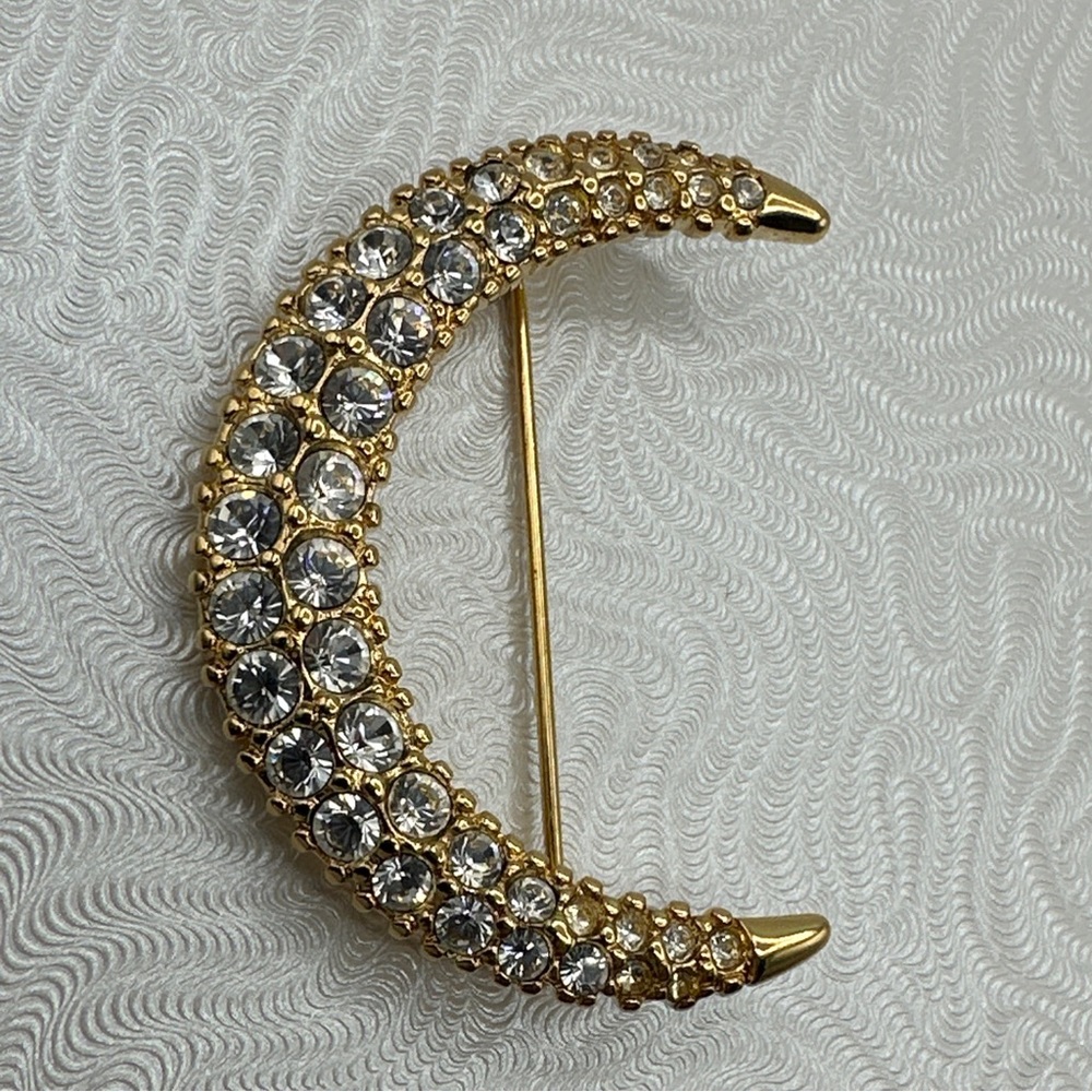 Vintage Swarovski Brooch Half-Moon Goldtone Metal with Crystals Swan Signed #514